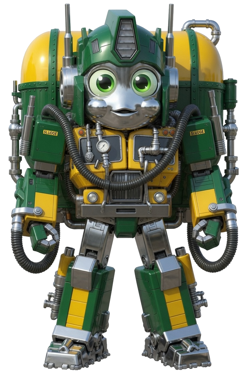 Optimus Odd mascot — a green and yellow tanker robot commander